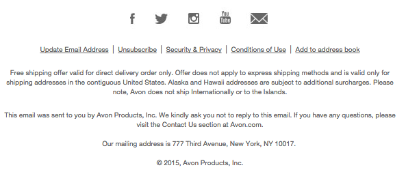 Newsletter footer: Avon