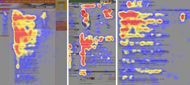 Mapy ciepła z badań eyetrackingowych stron internetowych: www.nngroup.com