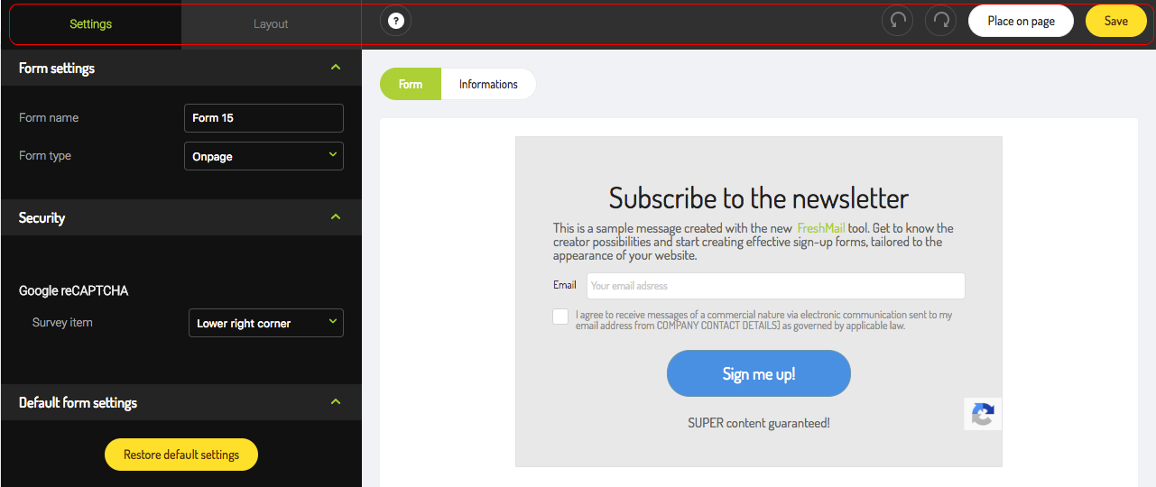 settings and layout of form creator