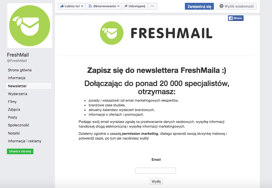 facebook formularz zapisu freshmail