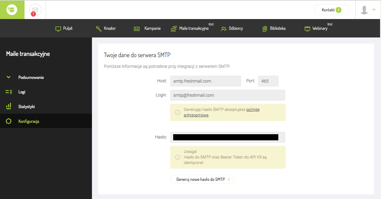 Dane do serwera SMTP we FreshMailu