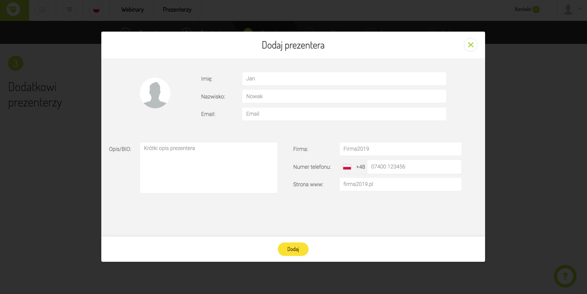 dodawanie prezentera do webinaru