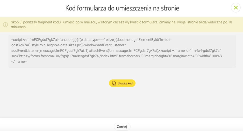 Kod formularza do umieszczenia na stronie- FreshMail